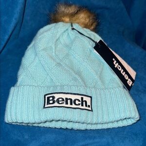 NWT Bench one size Light Blue Knit Beanie with Faux Fur Pom fleece lined